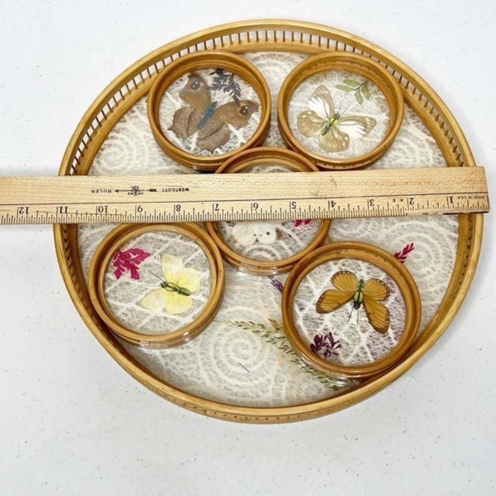 Vintage MCM‎ Pressed Butterfly Bamboo Tray & Coaster Set 6 Pieces - Picture 12 of 13